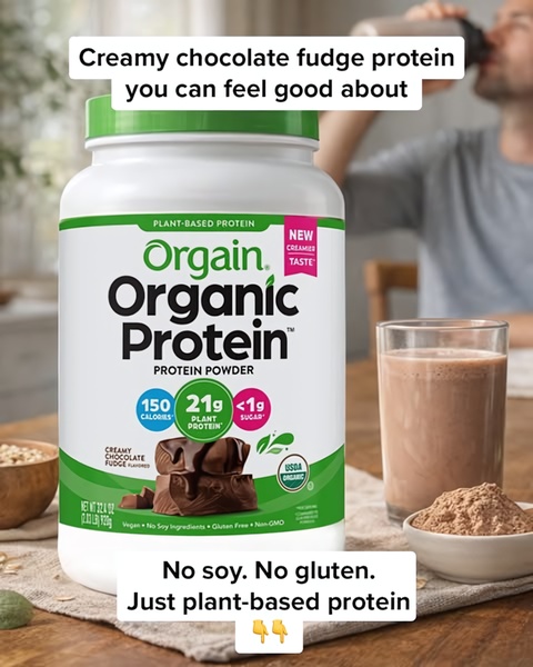 A clean, lifestyle-focused ad for plant-based protein powder featuring nutritional callouts and a secondary user-in-context shot.